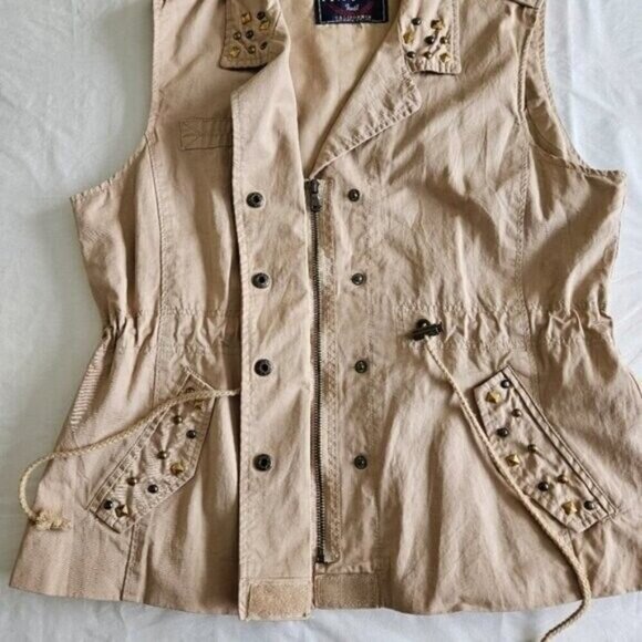 Papaya Vest Womens L Tan Full Zip Studs Pockets Drawstrings Cotton Boho Hippie - Picture 12 of 14